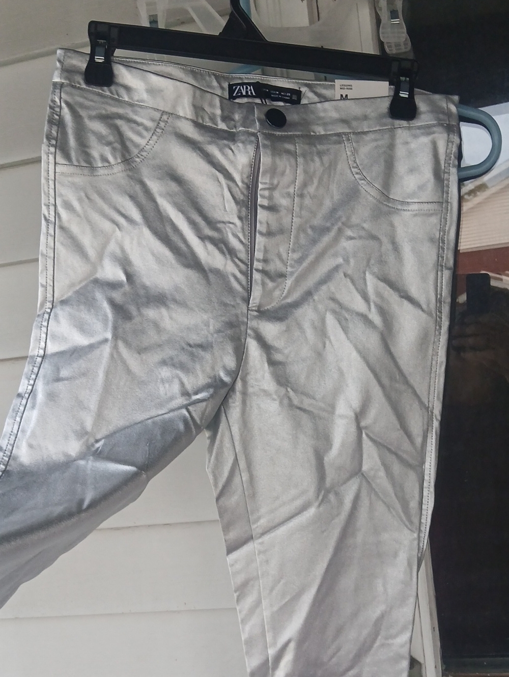 Nwt Zara Silver Metallic Coated Mid Rise Leggings - Picture 2 of 7